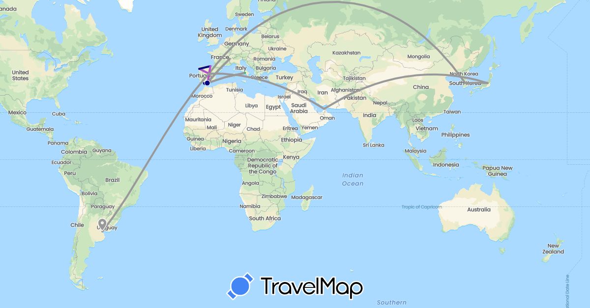 TravelMap itinerary: driving, bus, plane, train, boat in United Arab Emirates, Argentina, Spain, France, Italy, Japan, South Korea (Asia, Europe, South America)