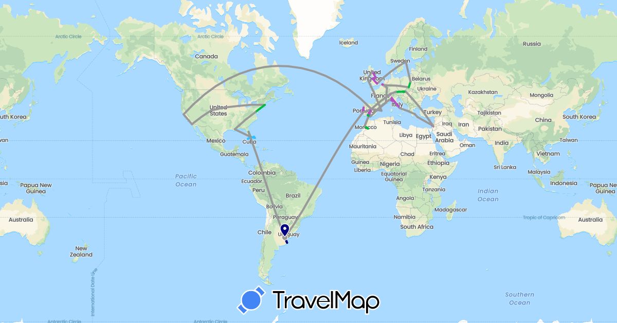 TravelMap itinerary: driving, bus, plane, train, boat in Argentina, Austria, Belgium, Bahamas, Switzerland, Germany, Spain, France, United Kingdom, Greece, Hungary, Ireland, Israel, Italy, Luxembourg, Morocco, Poland, Portugal, Sweden, Slovakia, United States (Africa, Asia, Europe, North America, South America)